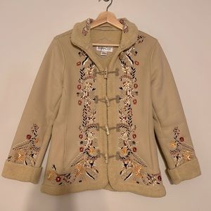 Panache Beige Faux Suede Floral Embroidered Jacket with Toggle Buttons